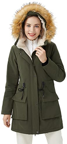 Orolay Veste D'hiver Mi-Longue en Laine D'agneau à Capuche et Col Montant pour Femme Vert L