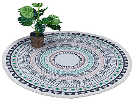 Relaxdays Teppich rund, Mandala-Design, Ø 120 cm, Baumwollteppich mit Fransen, rutschfest, Boho Wohnzimmerteppich, bunt