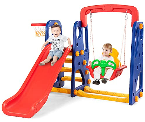 RELAX4LIFE 4 in 1 Centro Attività per Bambini, Parco Giochi con Scivolo, Altalena e Canestro, Set di Scivoli per Bambini da Giardino o Cameretta, Età 18 mesi-5 anni (Colorato)