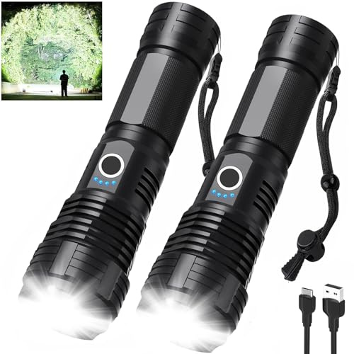 Led Flashlights 90,000 Lumen High Lumens Rechargeable 2 Pack, Brightest Flash Light with 5 Modes & 18H Runtime, IPX7 Waterproof, Powerful Handheld Flashlights for Home Camping Hiking