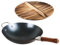 Wokpfanne aus Karbonstahl mit elegantem Holzdeckel | 36 cm antihaftbeschichtete schwarze runde Woks und Rührpfannen | Gasherd Induktionsherd Herd Bratpfanne