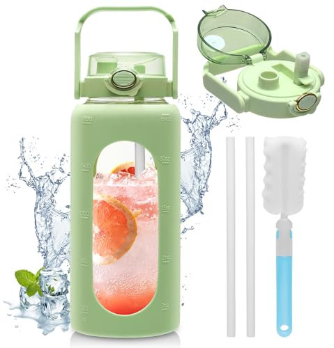 LIFEJXWEN 1900ML Gourde en Verre avec Paille et Poignée Marqueur de Temps et coque en Silicone, Motivationnel Bouteille Anti-fuite Sans BPA, Sport Gourde Verre pour le Sport, le Vélo