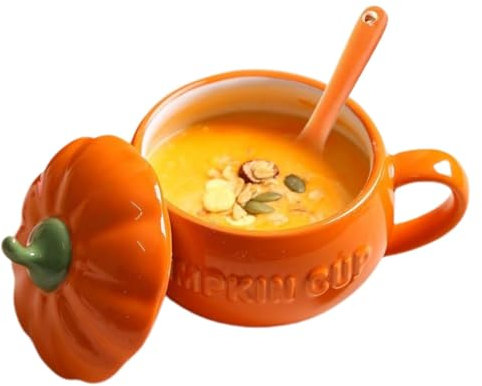 Taza de calabaza - Taza de cerámica de calabaza, taza de café con temática de Halloween | Taza de cerámica única con forma de calabaza, taza de leche de té multiusos, taza de sopa con tapa y cuchara p