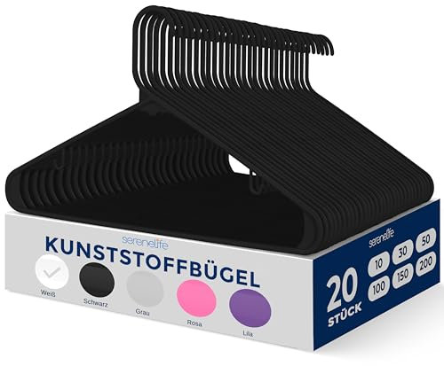 SereneLife Kleiderbügel Kunststoff Schwarz, 20er Set, Bügel rutschfest und Platzsparend, Clothes Hangers mit Einkerbungen im Schulterbereich für Anzüge, Hemden und Krawatten, Leicht und Funktionell