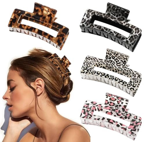 Haarklammer für Damen,4 Stück 8.5cm Rechteckig Haarspange Rutschfester Haarspangen mit Leopardenmuster Kiefer Klemme Haarklammern Claw Clip Hair Clip Haar Accessoires für Frauen Langes Dickes Haar