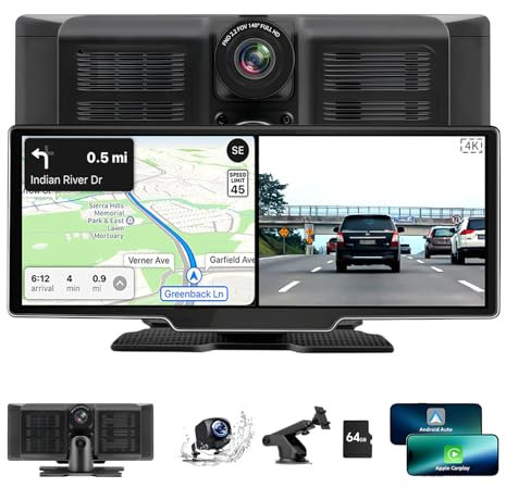 10.26 Wireless CarPlay & Android Auto Screen with 360° Rotatable 4K Front Dash Cam, 1080P IP65 Rear Backup Camera, GPS Navigation, Mirror Link, Voice Control & Siri, Car Audio Receiver
