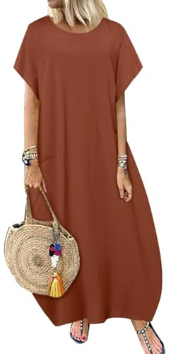 ZANZEA Maxi Dresses for Women Cotton Summer Dresses Short Sleeve A Line Tunic Dresses Loose Oversized Casual Dress with Pockets Maxi Red XL