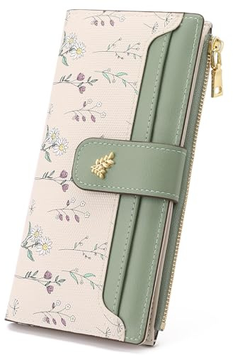 GAEKEAO Purse for Women Slim Bifold Ladies Purse Floral Leather Large Capacity Wallet for Women with Zipper Pocket ID Window