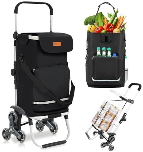 Sekey Carrito de la Compra Plegable con Subidor de Escaleras, Carro 3 en 1 con Bolsa de Hombro y 3 Ruedas, Trolley y Carretilla Impermeable Ideal para Compras y Camping – Negro