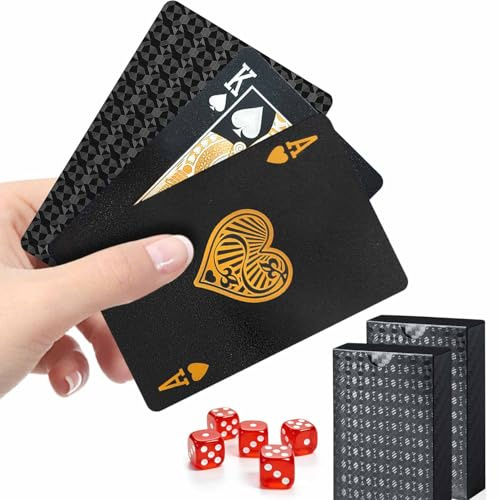 JWENUPDE 2 Jeux de Cartes à Jouer Imperméable, Carte Poker en Plastique Noir avec Texture Diamant, Jeu de Carte avec 5 Dés Rouges pour Tarot Blackjack Canasta, Plage, Piscine Extérieur