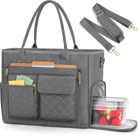 RAINSMORE Teacher Work Bag Laptop Bag with Lunch Compartment 15.6 Inch Laptop Tote Bags for Women Ladies Laptop Handbag for Nurses Office College Grey