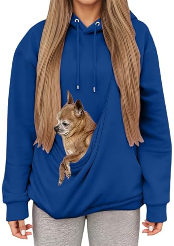 Sweat à Capuche Femme avec Grande Poche Kangourou Fonctionnelle,Pull de Transport pour Chat et Chien,Sweatshirts pour Amoureux des Animaux domestiques (Blue, XL)