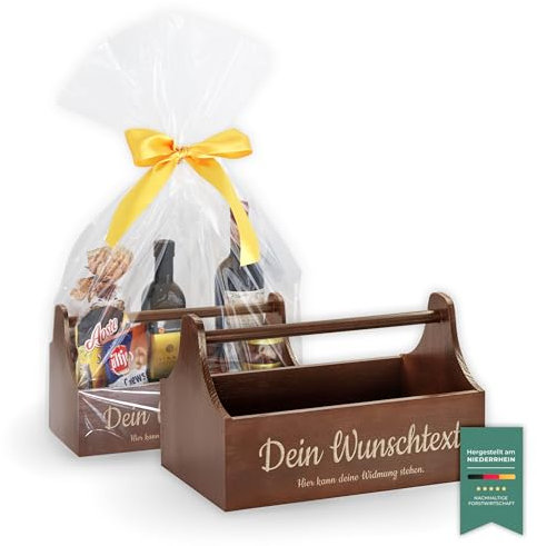 LAUBLUST Geschenkkorb aus Holz leer Personalisiert - Präsentkorb mit Wunsch-Gravur zum Befüllen als Geschenk Korb für Weihnachten Silvester - 34x18x20 cm | Werkzeugkiste Braun, FSC® | Männerhandtasche