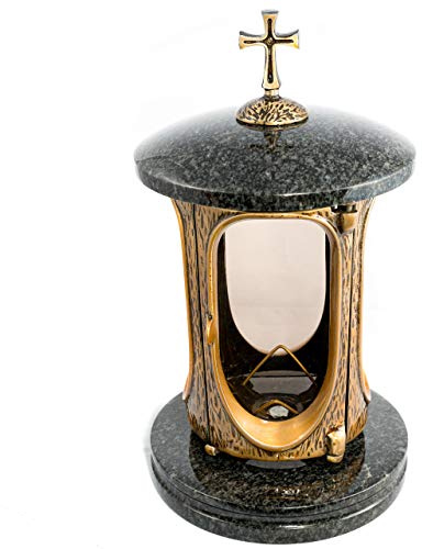 Afterglow Élégante lanterne funéraire Elégant avec croix en granit Impala foncé Hauteur 27 cm Diamètre 15 cm Lanterne funéraire Lanterne en granit Bronze avec socle Décoration funéraire