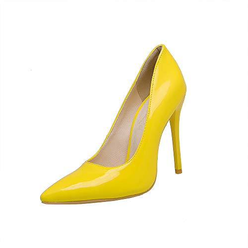 Zapatos de tacón alto para mujer, de charol con punta puntiaguda, con tacón alto de 11 cm, zapatos de fiesta fáciles de caminar para mujer, talla grande, za637s, amarillo, 40 EU