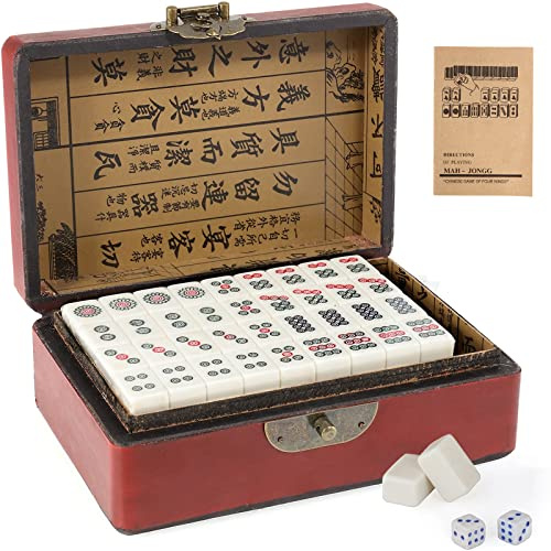 Dyna-Living Mini Mahjong chinois, structure solide facile à lire, 144 carreaux de Mahjong, 2 dés et boîte de transport en cuir, ensemble complet Majong pour jeu de table
