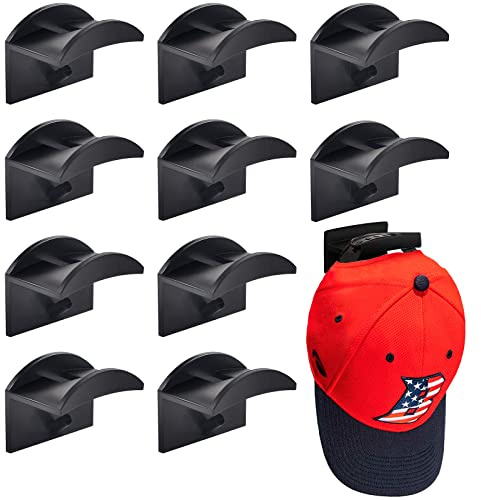 Vibbang 10 Pack Adhesive Hat Holder Cap Hook for Wall Mount No Drilling Hat Rack Organizer Strong Hold for Baseball Caps Modern Hat Hangers Storage for Door, Closet, Office, Bedroom (Black)
