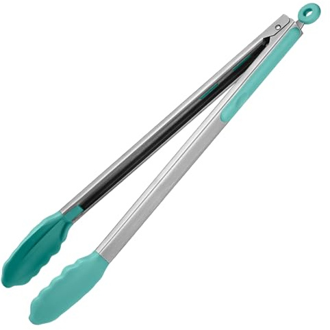 U-Taste 41cm 315℃ Pinzas de cocina de silicona resistentes al calor con puntas de goma antiadherentes firmemente selladas, mango de acero revestido de silicona y bloqueo suave para barbacoa (Aqua Sky)
