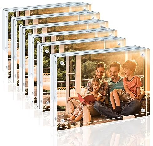 Egofine 4x6 Acrylic Frames 6 Pack, 20mm Thicker Frameless Clear Picture Frames, Double Sided Magnetic Picture Frames, Free Standing Desktop Display