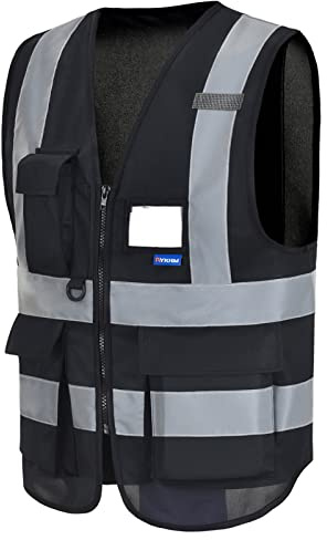 AYKRM 21 Färger Hög Vis-Väst Med Dragkedja Fram - Hög Synlighet Verkställande Väst Med Telefon Och ID-Fickor, Svart, 4XL-5XL