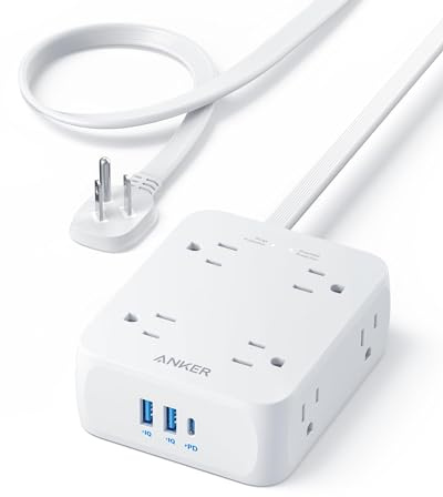 Anker Power Strip with 2000J Surge Protector, Flat Plug Extension Cord with Multiple Outlets, 8 AC, 2 USB A & 1 USB C Port for 20W, 5ft Outlet Extender, Dorm Room Essentials, Home Office, TUV Listed