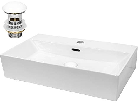 ECD Germany Waschbecken Waschtisch 605x365x130 mm Eckig Keramik Weiß inkl. Ablaufgarnitur für Waschbecken mit Überlauf Aufsatzbecken Aufsatzwaschbecken Aufsatzwaschtisch Waschschale Spülbecken Becken