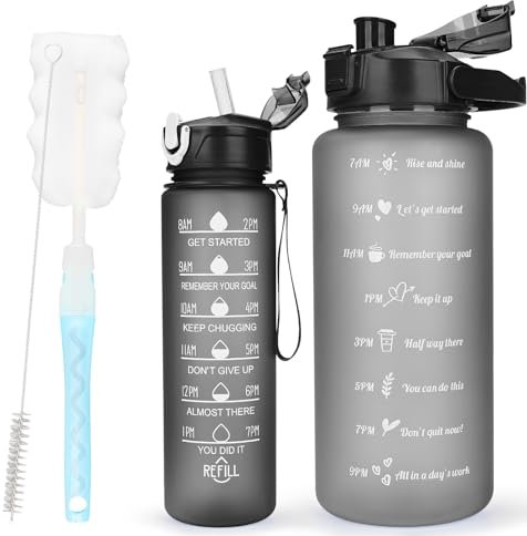 CodiCile 2 Pack BPA-freie Trinkflasche 2L+750ml, Sport-Trinkflasche mit Zeitmarkierung & Strohhalm, Motivierender Zeitmarker fürs Fitnessstudio mit Bürste