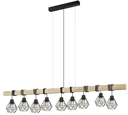 Eglo Pendant Lighting Townshend 5 | 9 light vintage hanging lamp in industrial design, retro ceiling light made of black metal and natural wood, FSC certified