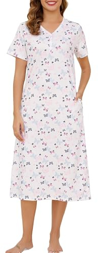 Lovasy Cotton Nightdresses for Women UK Long Nightshirts Button V Neck Soft Nighties Loose Fit Night Dress Casual Nightwear with Pockets
