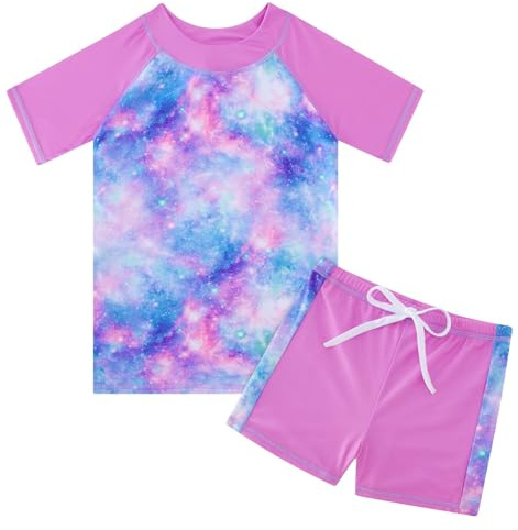 Fanient Swimming Costume for Girls Galaxy Swimwear Kids Two Pieces Swimsuit Short Sleeve Bathing Suit Surfing Swimming Age 11-12 Years
