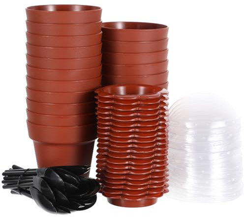 Homoyoyo 20 Pack Flowerpot Dessert Cups with Lids, Shovel Spoons and Bottom Trays Plastic Plant Pot 6.7Oz Dessert Cups for Dirt Cake Ice Cream Yogurt Pudding Mousse Parfait Garden Party Supplies