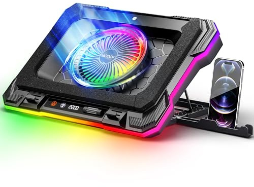 Tappetino di Raffreddamento per Laptop Potente Ventola Turbo RGB, MOOJAY Ventola PC Portatile Supporto, con 8 Altezze Regolabili and Supporto Telefono, per 14-19 Laptops - Luce LED Colorato
