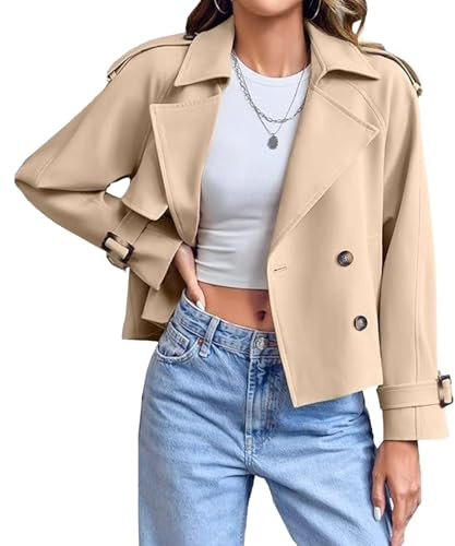 Kvinnors Crop Dubbelknäppt Trench Coat Notch Lapel Raglan Sleeve Work Cropped jackor Ytterkläder med fickor Fall