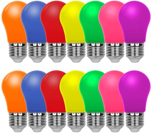 AUAUY 14 Stück E27 LED Bunte 2W Farbige Glühbirnen, A45 Beleuchtung Glühbirnen, LED Bunte Birnen Deko Glühbirne,Rot,Orange,Gelb, Grün,Blau,Rosa und Lila,für Weihnachten Hochzeit Party（E27-Sockel）