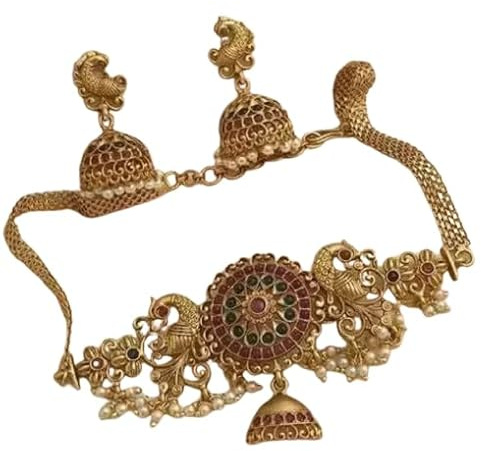 Traditional Antique Gold Choker Necklace Set with Jhumka Earrings, Pearl Beads and Multicolour Centre Medallion, south Indian Jewellery