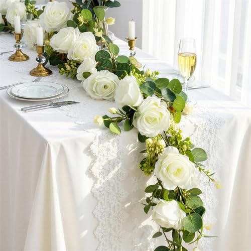 Lewondr Ghirlanda di Eucalipto Artificiale con Fiori - 8 Rose, 1,8M Ghirlande Fiorite Finte, Rampicanti Fiori Artificiali, Senza Manutenzione per Decorazione Tavolo Matrimonio, Sala Feste, Bianco