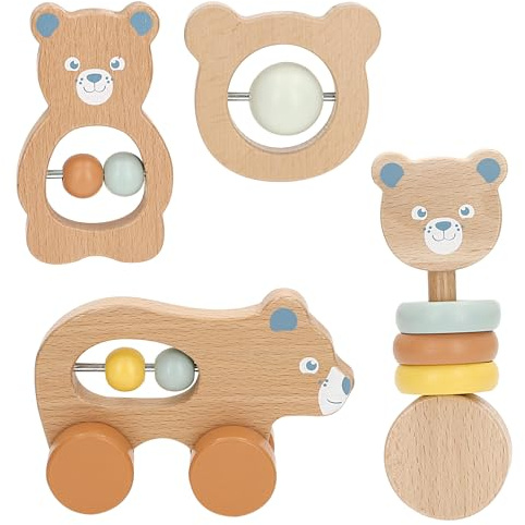 WOOMAX Set 4 sonajeros Madera bebé, Diseño de Oso, Cuentas móviles, Colores Pastel, Certificado FSC, Bordes Redondeados, Juego Educativo, Juguetes para recién Nacido, Juegos para bebés (39252)