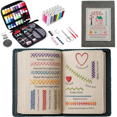 Pipihome Embroidery Stitch Book, Embroidery Book with Sewing Kit, Portable Embroidery Kit for Beginners and Craft Lovers, Sewing Sampler Books, Creative Craft Kits for Adults