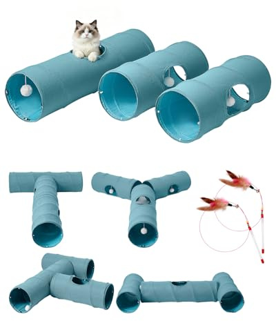Odoland Cat Tunnels, 3 Straight Tunnel DIY Collapsible Cat Play Tunnel Toys | Cool Linen Pet Tunnel Tube Interactive Large Cat Tunnel for Indoor Cat Kittens Rabbits - 90cm, Blue