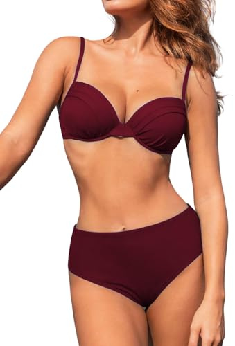 JFAN Traje de Baño Mujer 2 Piezas Bikini Push Up con Relleno Bañador Dos Piezas Sólido Sexy Bikinis con Aros(Burdeos,XL)