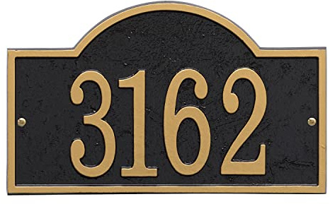 Whitehall Personalized Cast Metal Address Plaque - USA Made Custom House Number Sign - Arched Rectangle (12 x 7.25) - Black with Gold Numbers