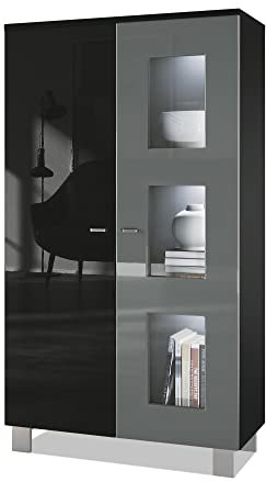 Vladon Vitrine Denjo, Made in Germany, Standvitrine mit 2 Türen und 3 Glaseinsätzen, Schwarz matt/Schwarz Hochglanz/Grau Hochglanz, inkl. LED-Beleuchtung (71 x 129 x 35 cm)