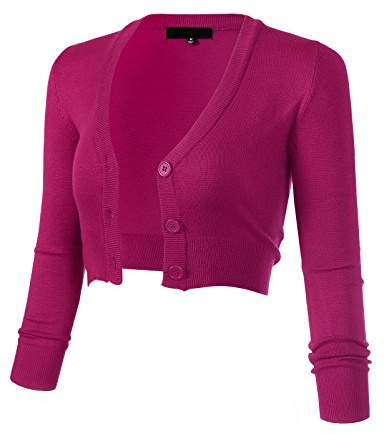 Allsense Women's 3/4 Sleeve Cropped Bolero Shrug Button Down Cardigan Sweater Lightweight Knit, Magenta, XL