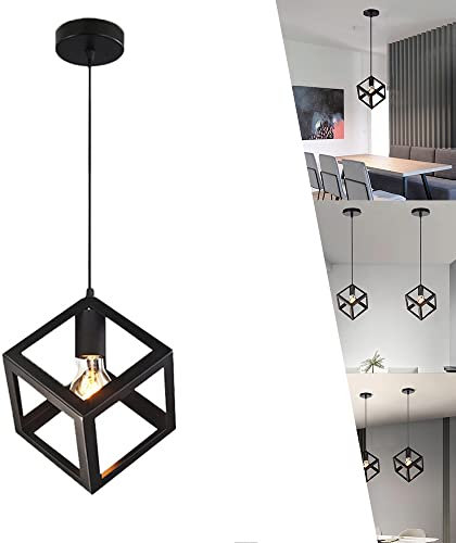 Suspension Luminaire Plafonniers Modernes Lustre E27 Cube Géométrique Lampe de Plafond carrés en Métal Rétro Lampes encastrées pour Chambre Salon Restaurant Salle à manger, Noir