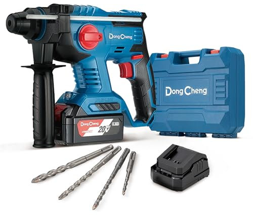 Dong Cheng 20V MAX Cordless Rotary Hammer Drill, 7/8 Inch SDS-Plus, 4 Modes, Adjustable Handle, with 4.0Ah Battery, 4 Drill Bits for Concrete/Brick/Wall/Metal (20V Rotary Hammer)
