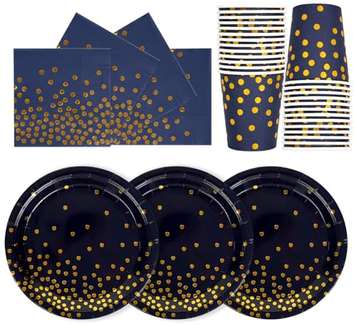 PYAILI Anniversaire Vaisselle de fete 72 Pièces Or Bleu Marine Party Assiettes en Papier Set Assiettes de Fête Jetables Papier Tasses Serviettesr, pour Barbecue les Fêtes les Pique-niques -24 Invités