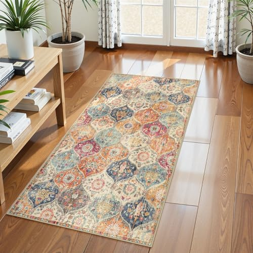 Lahome Moroccan Trellis Hallway Rug, 2x5 Washable Runner Rug Non Slip Kitchen Runners for Hallways, Ultra-Thin Vintage Carpet for Bedroom Bathroom Entryway Elise, Cream/Multi