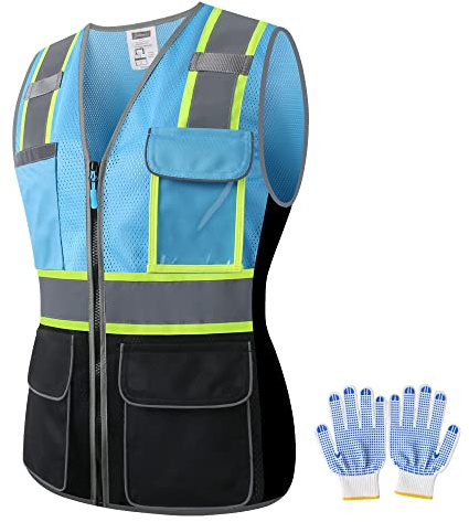 JKWEARSA Safety Vest For Women,High Visibility Reflective Work Vest With Multi Pockets And Zipper,Blue and Black,X-Large