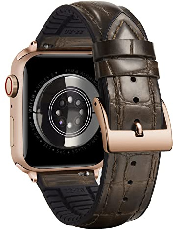 BINLUN Kompatibel mit Apple Watch Armband 49mm 46mm 45mm 44mm 42mm Alligator Leder und Silikon Lederarmband Kompatibel mit iWatch Ultra3/2/1 SE3/2/1 Series 11 10 9 8 7 6 5 4 3 2 1(Braun-Roségold)