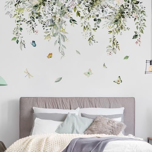 Adesivi Murali Foglie Verdi & Piante Pendenti, Sticker da Muro Foglie Tropicali e Fiori, Decorazione Murale per Camera da Letto Soggiorno Ufficio